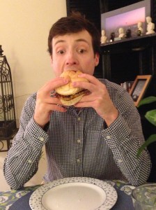 BF was going to eat the monster burger like a normal human, but then I requested a face that reflected its gargantuan size.  And this is what I got.