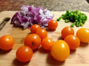 Chop the veggies of your choice (mine being red onion, cherry tomatoes and jalepenos), and cook/drain some beef (you can cook onions/garlic in there too if it floats your boat.  Or if you don't do what I did and forget til it's too late).
