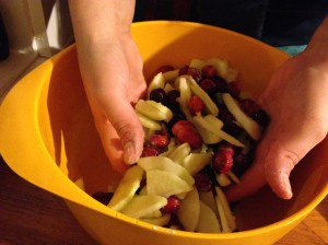 Meanwhile, force captive friends to slice apples and cranberries and stir with sugar (exact measurements below).