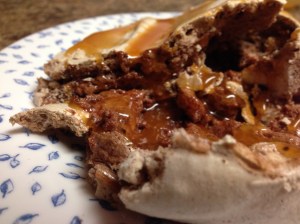 I also hadn't made whipped cream yet, so the meringue got topped with leftover sea salt caramel sauce instead.  It tasted fine but was far from beautiful (clearly).  And then I dropped it the rest of the meringue.  Let's just call this one not not a fail, shall we? 