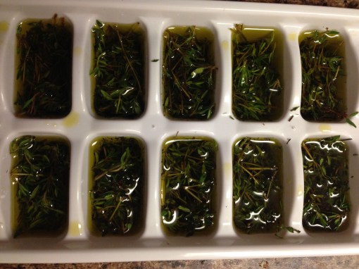 …then put it in an ice cube tray and cover it with olive oil.  Don't forget to transfer the ice cubes to a bag the next day!