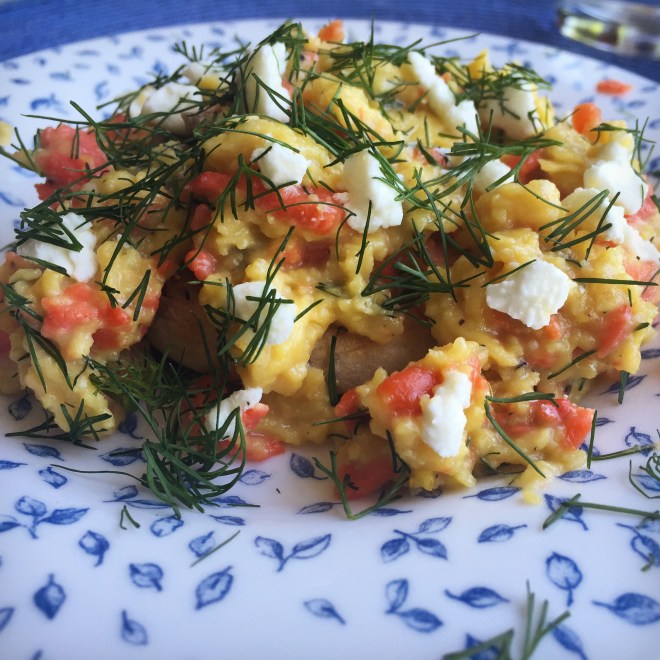Scrambled eggs with smoked salmon, goat cheese, and fresh dill.  Been dreaming about this every weekend since I made it.  And that was over two months ago. So.