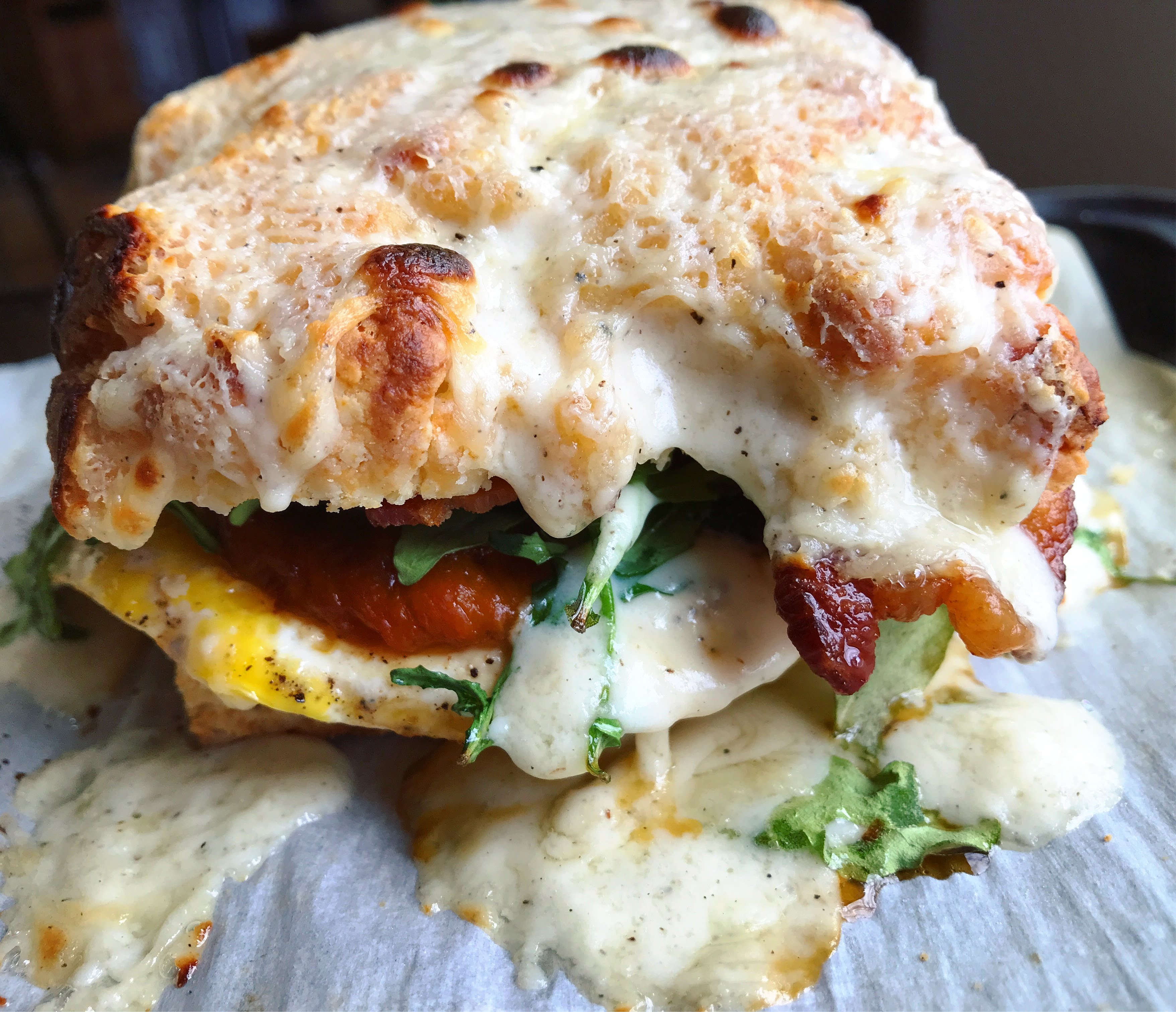Cheddar Biscuit Breakfast Sandwiches with Bacon Cheddar Mornay Sauce | lawandlentils