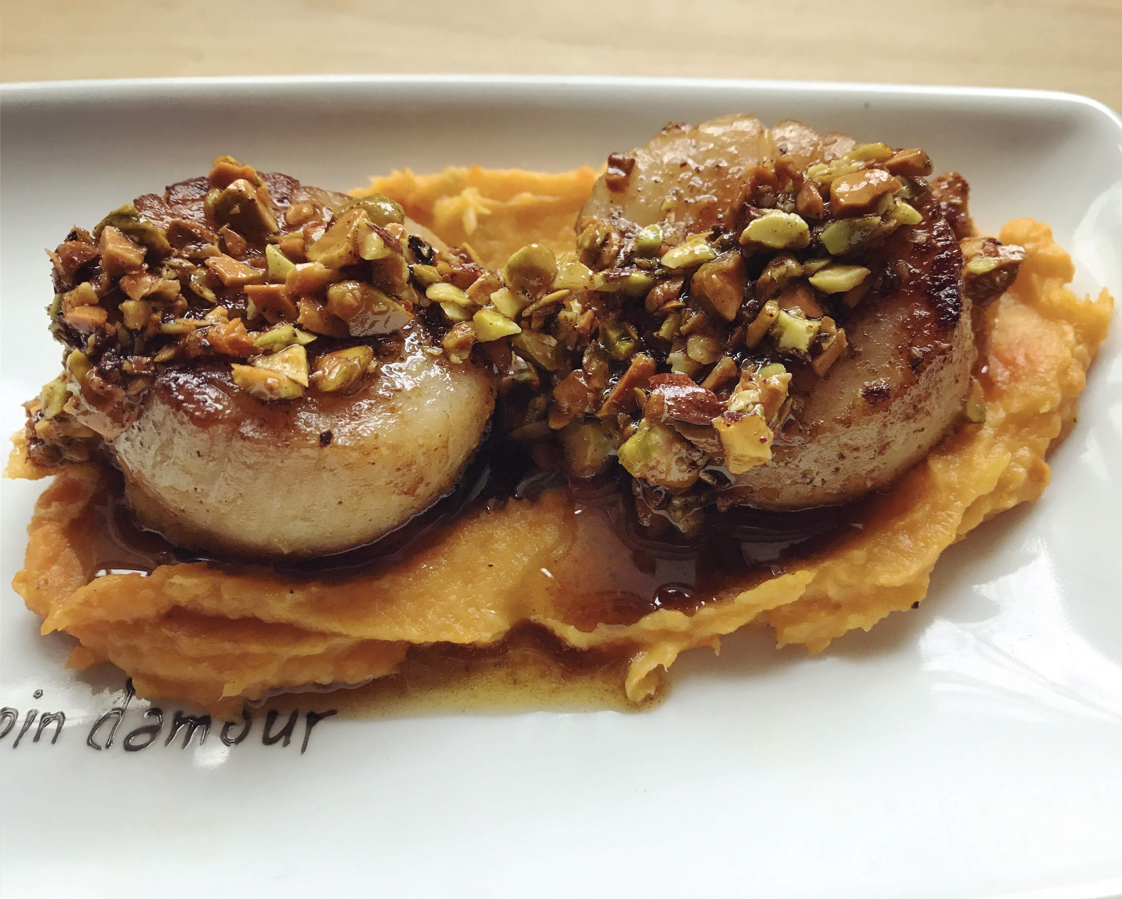 Pistachio Browned Butter Scallops | lawandlentils