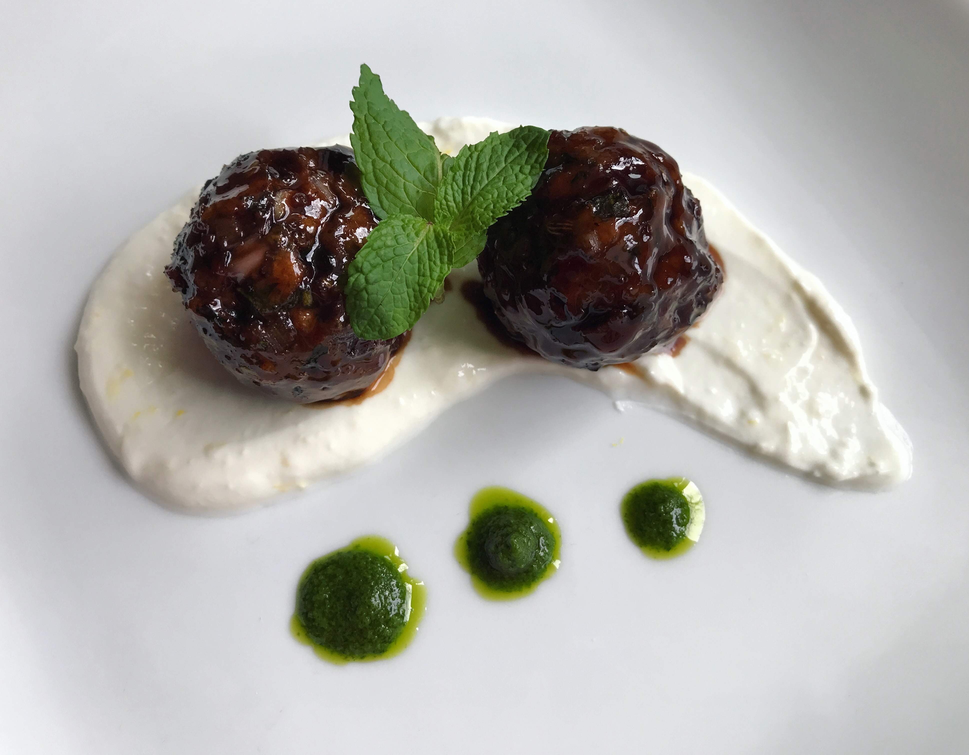 Pomegranate Glazed Lamb Meatballs with Lemon Garlic Yogurt and Parsley-Mint Pesto | lawandlentils